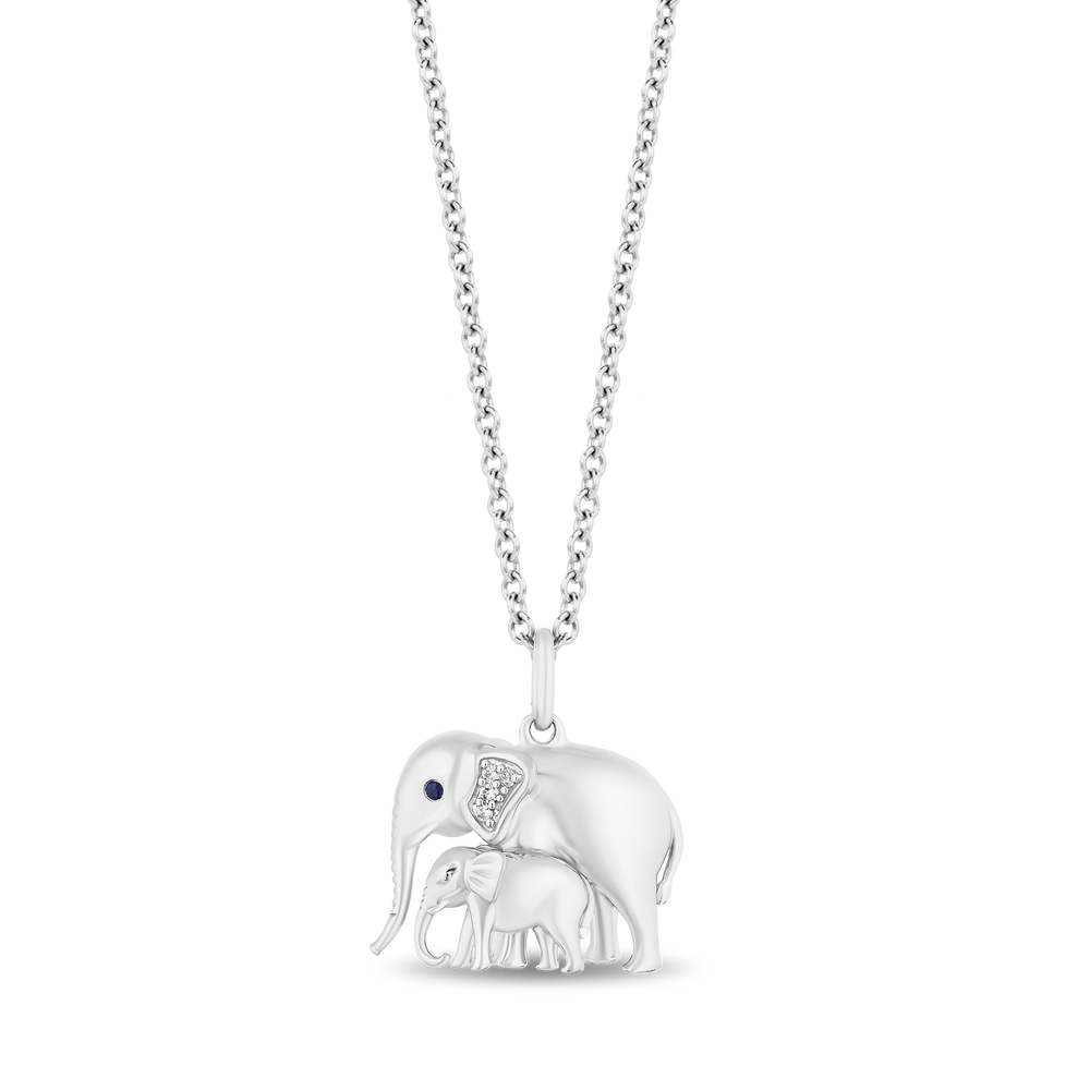 Hallmarkfinejewelry Elephant Love Pendant in Sterling Silver with Diamonds & Created Blue Sapphire