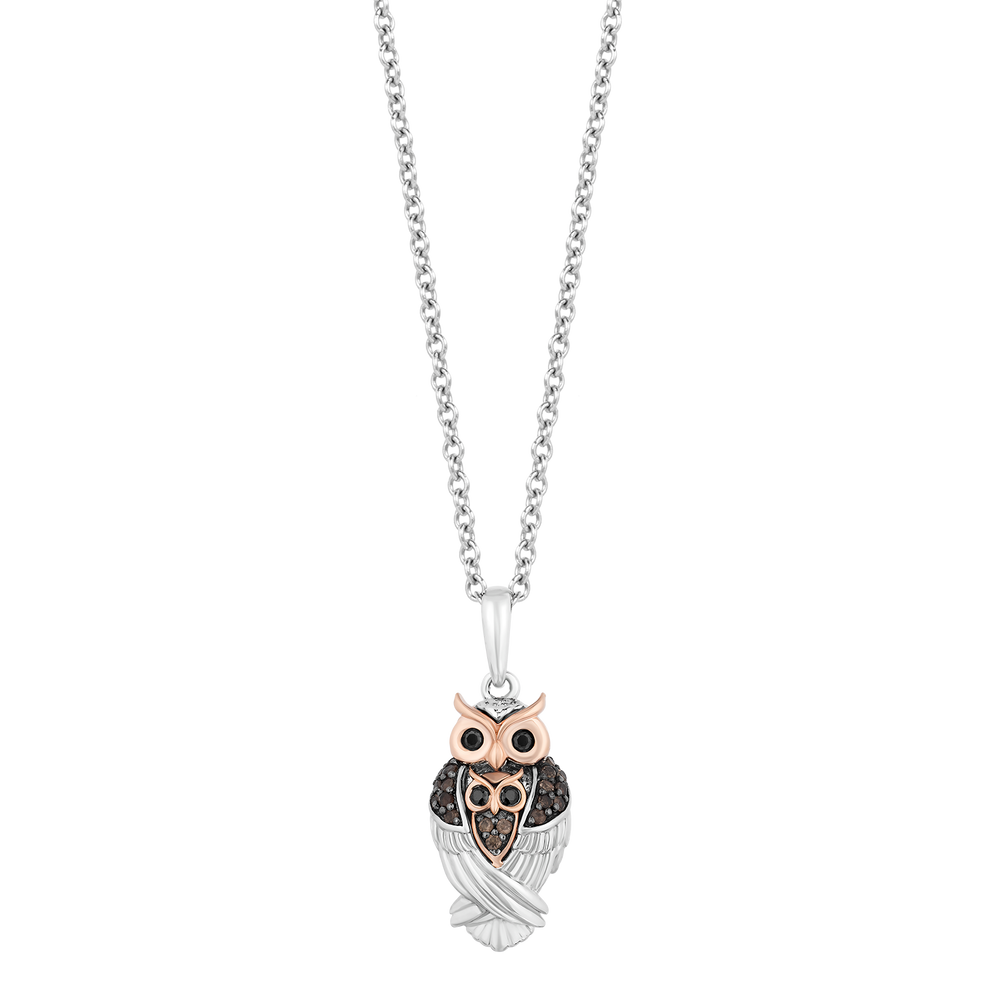 Hallmarkfinejewelry Owl Embrace Pendant in Sterling Silver & 14K Rose Gold with Black Diamonds & Smoky Quartz