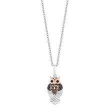 Load image into Gallery viewer, Hallmarkfinejewelry Owl Embrace Pendant in Sterling Silver &amp; 14K Rose Gold with Black Diamonds &amp; Smoky Quartz
