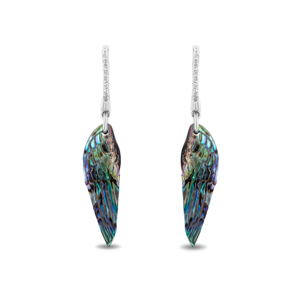Hallmarkfinejewelry Wing Drop Earrings in Aurora Borealis Blue Carved Mother of Pearl and Sterling Silver with Diamonds