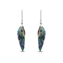 Load image into Gallery viewer, Hallmarkfinejewelry Wing Drop Earrings in Aurora Borealis Blue Carved Mother of Pearl and Sterling Silver with Diamonds
