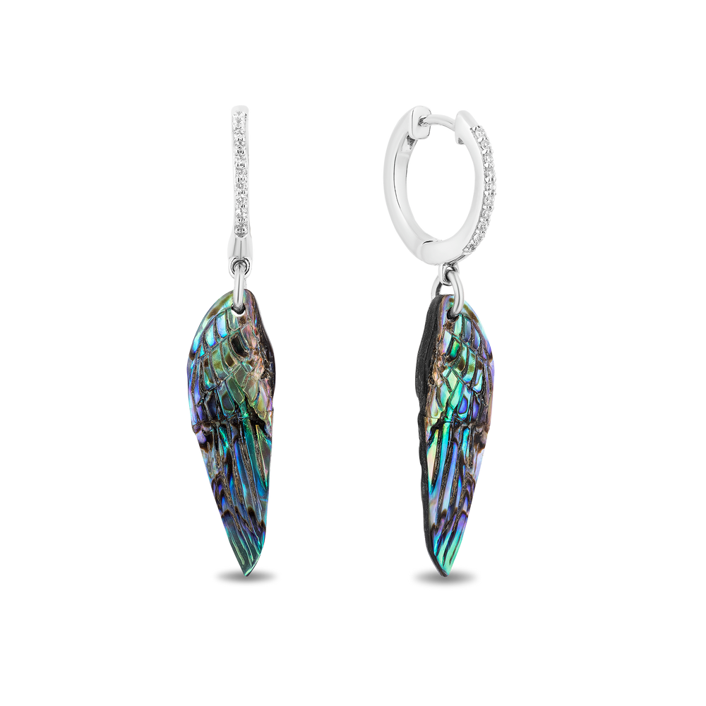 Hallmarkfinejewelry Wing Drop Earrings in Aurora Borealis Blue Carved Mother of Pearl and Sterling Silver with Diamonds