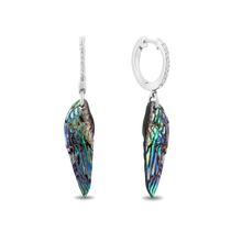 Load image into Gallery viewer, Hallmarkfinejewelry Wing Drop Earrings in Aurora Borealis Blue Carved Mother of Pearl and Sterling Silver with Diamonds
