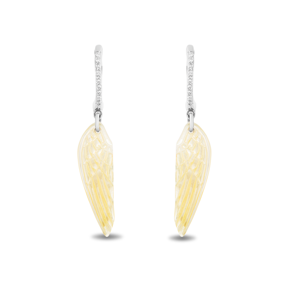 Hallmarkfinejewelry Wing Drop Earrings in Golden Carved Mother of Pearl and Sterling Silver with Diamonds
