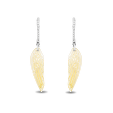 Load image into Gallery viewer, Hallmarkfinejewelry Wing Drop Earrings in Golden Carved Mother of Pearl and Sterling Silver with Diamonds
