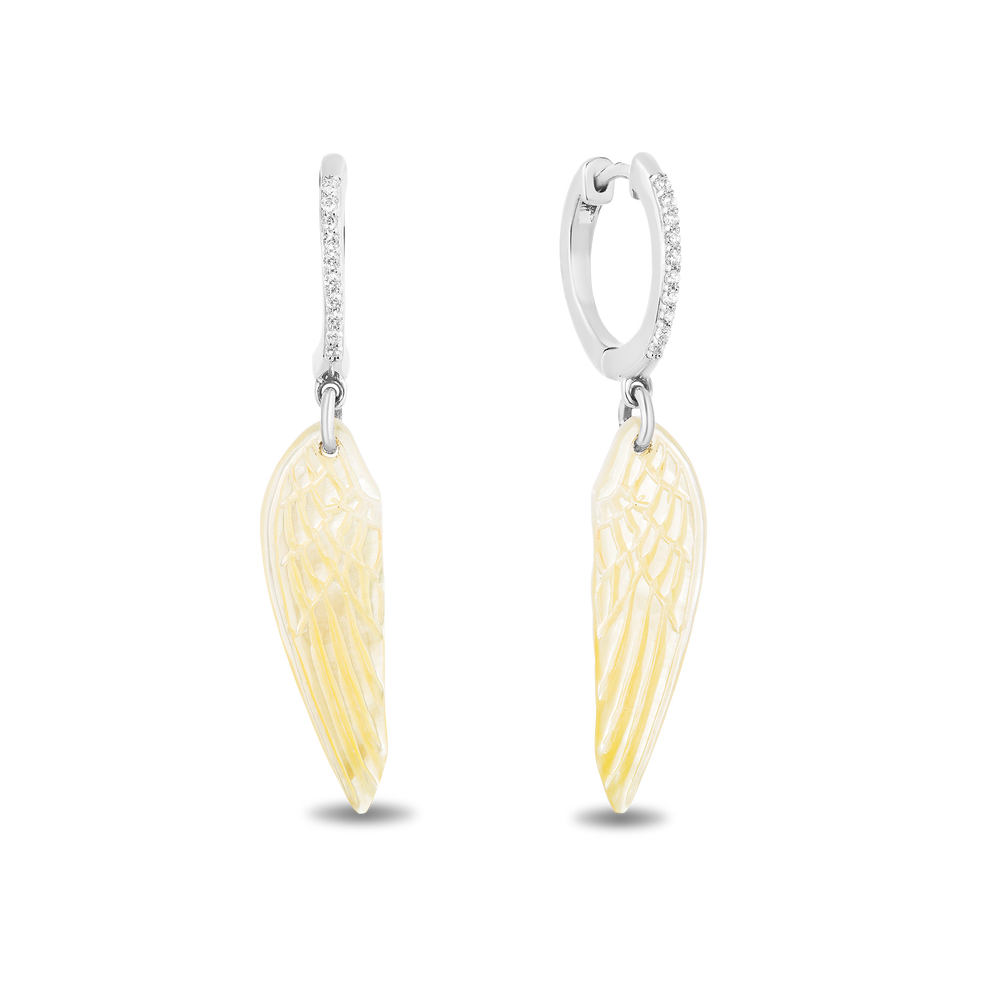 Hallmarkfinejewelry Wing Drop Earrings in Golden Carved Mother of Pearl and Sterling Silver with Diamonds