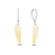 Load image into Gallery viewer, Hallmarkfinejewelry Wing Drop Earrings in Golden Carved Mother of Pearl and Sterling Silver with Diamonds
