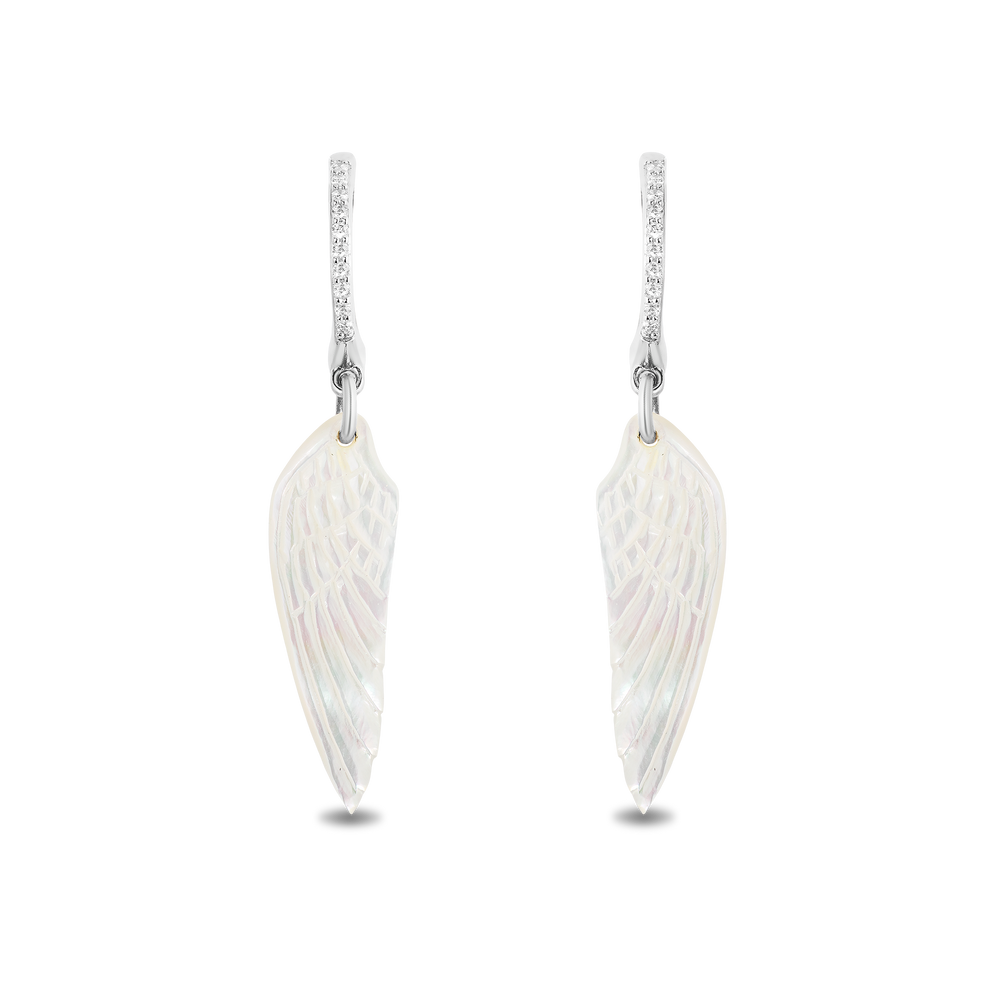 Hallmarkfinejewelry Wing Drop Earrings in Carved Mother of Pearl and Sterling Silver with Diamonds