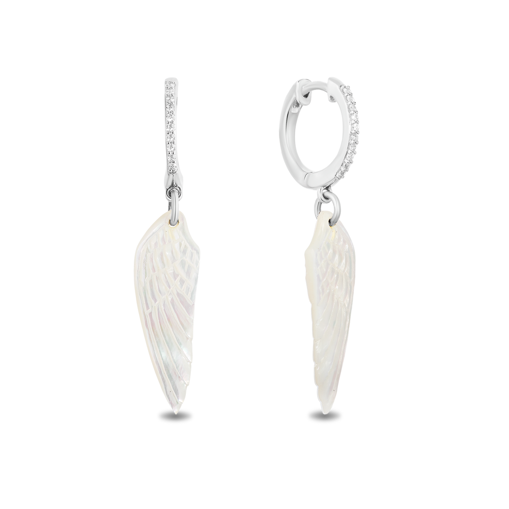 Hallmarkfinejewelry Wing Drop Earrings in Carved Mother of Pearl and Sterling Silver with Diamonds