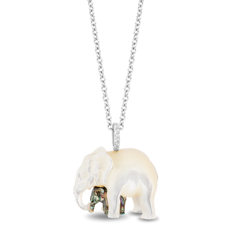 Hallmarkfinejewelry Mama and Baby Elephant Pendant in Carved Mother of Pearl and Sterling Silver with Diamonds