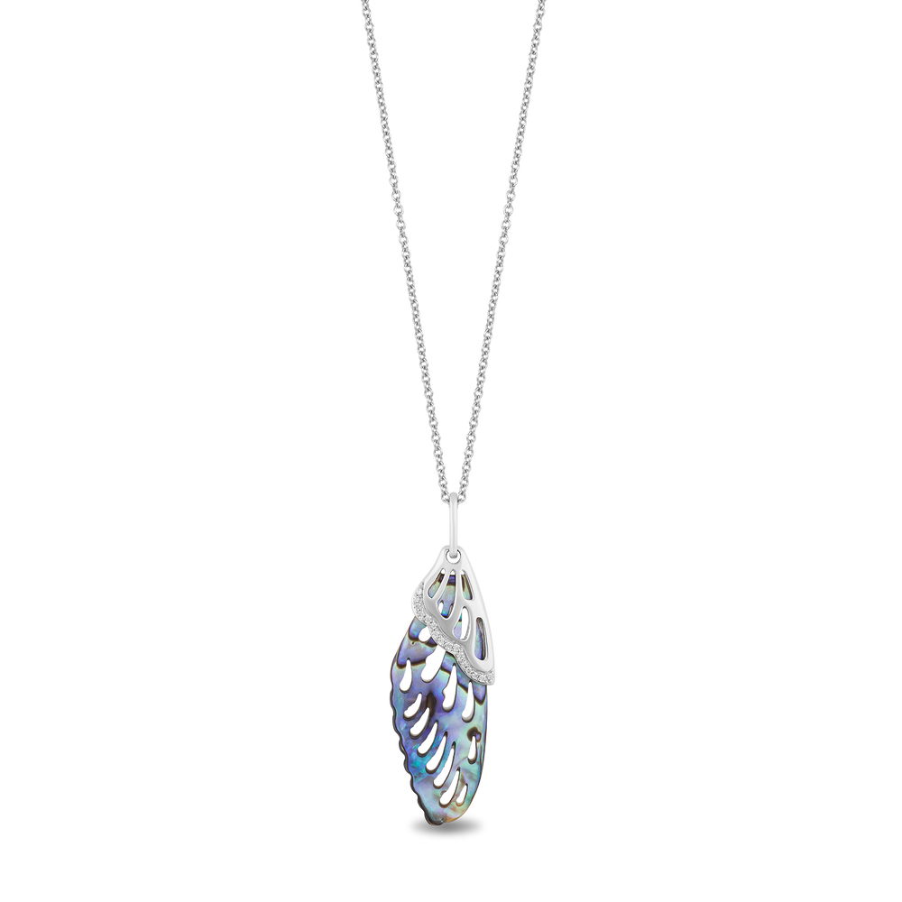 Hallmarkfinejewelry Butterfly Wing Pendant in Aurora Borealis Blue Carved Mother of Pearl and Sterling Silver with Diamonds