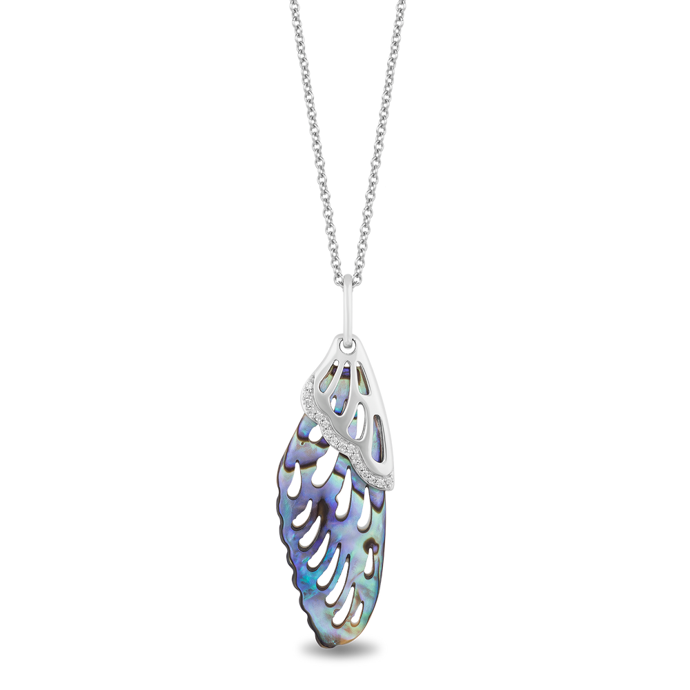 Hallmarkfinejewelry Butterfly Wing Pendant in Aurora Borealis Blue Carved Mother of Pearl and Sterling Silver with Diamonds