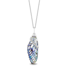 Load image into Gallery viewer, Hallmarkfinejewelry Butterfly Wing Pendant in Aurora Borealis Blue Carved Mother of Pearl and Sterling Silver with Diamonds

