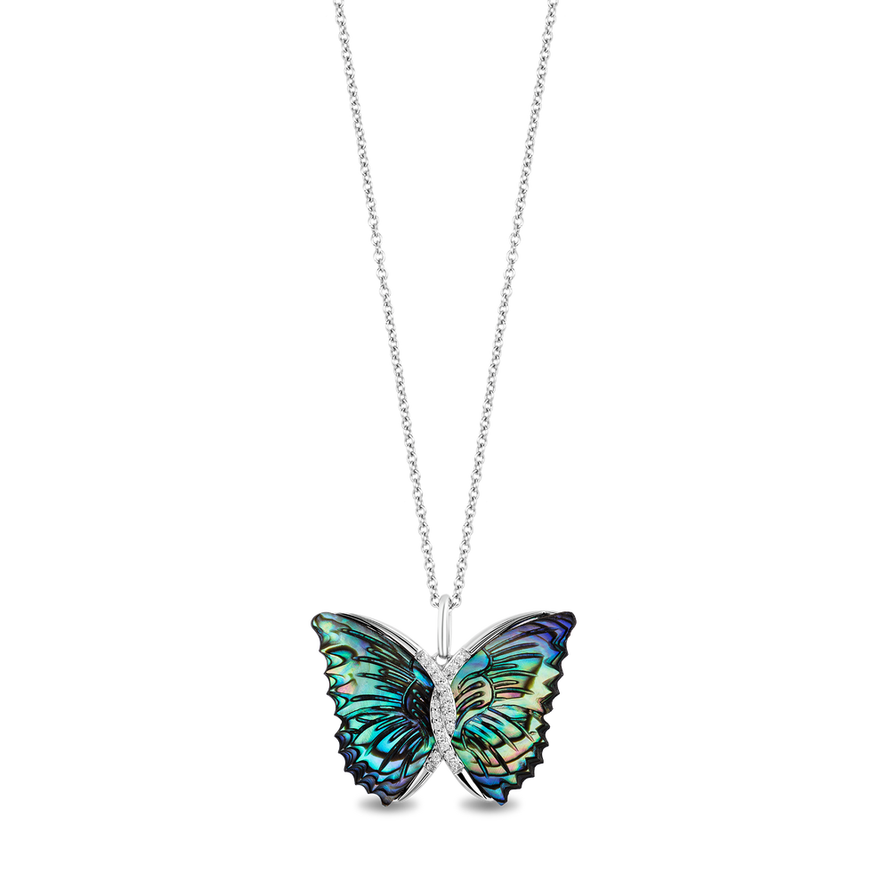 Hallmarkfinejewelry Social Butterfly Pendant in Aurora Borealis Blue Carved Mother of Pearl and Sterling Silver with Diamonds