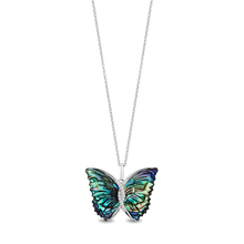 Load image into Gallery viewer, Hallmarkfinejewelry Social Butterfly Pendant in Aurora Borealis Blue Carved Mother of Pearl and Sterling Silver with Diamonds
