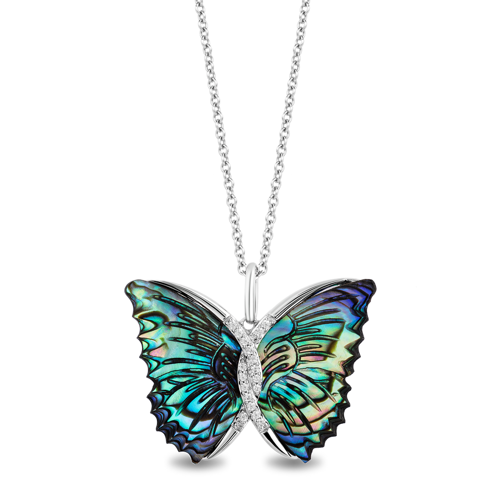 Hallmarkfinejewelry Social Butterfly Pendant in Aurora Borealis Blue Carved Mother of Pearl and Sterling Silver with Diamonds