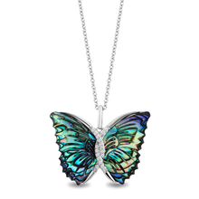 Load image into Gallery viewer, Hallmarkfinejewelry Social Butterfly Pendant in Aurora Borealis Blue Carved Mother of Pearl and Sterling Silver with Diamonds
