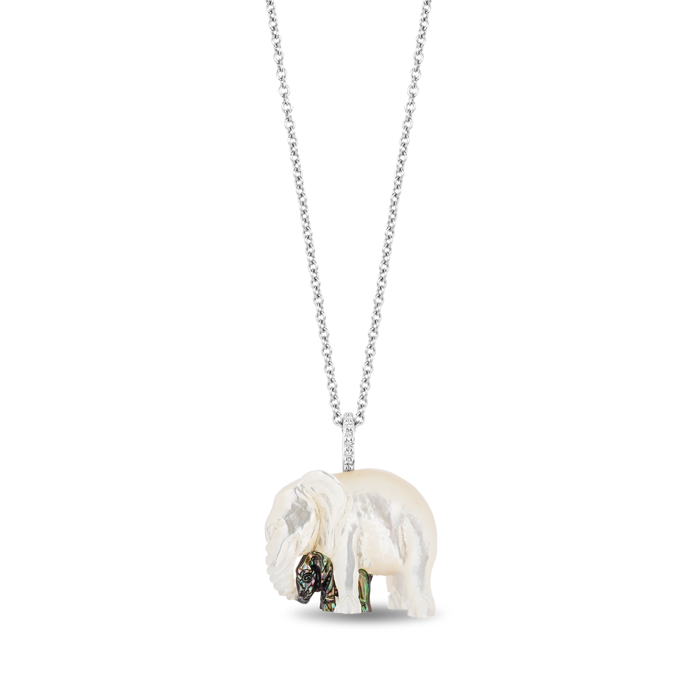 Hallmarkfinejewelry Mama and Baby Elephant Pendant in Carved Mother of Pearl and Sterling Silver with Diamonds