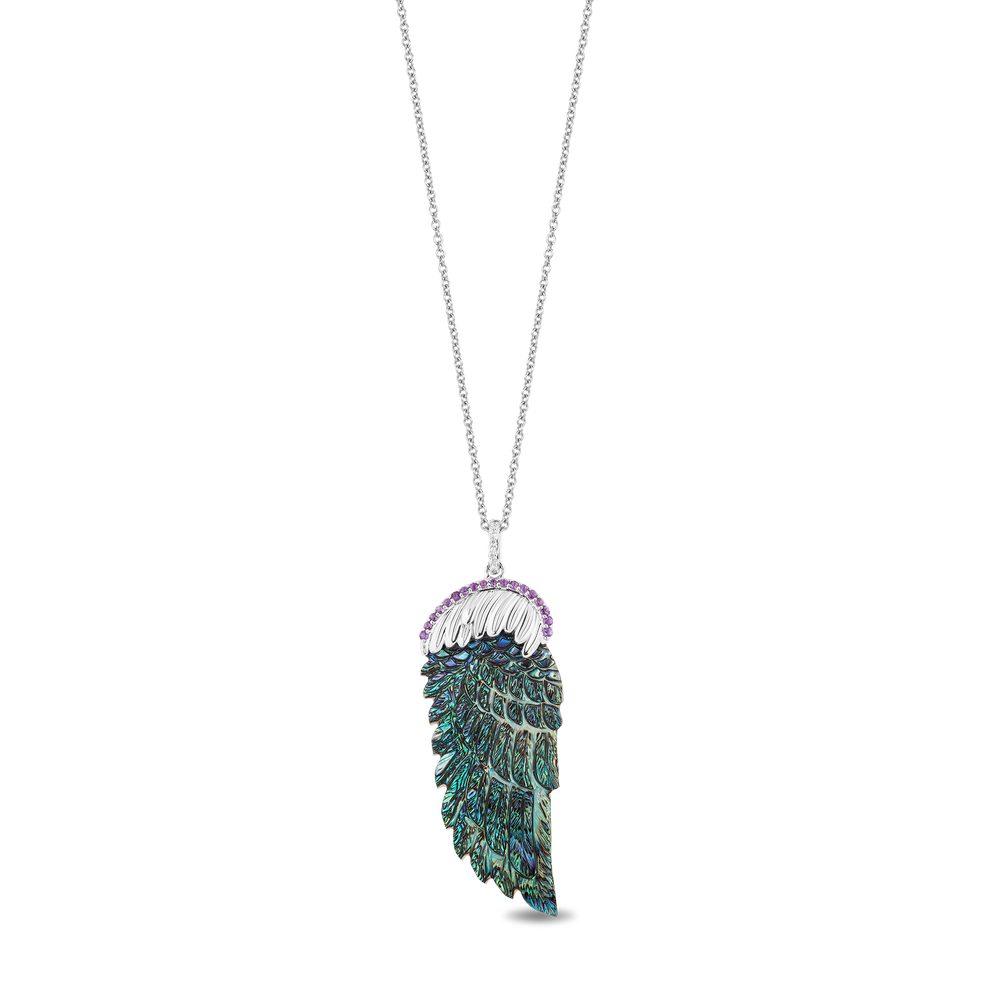 Hallmarkfinejewelry Fine Feathers Pendant in Sky Blue Carved Mother of Pearl and Sterling Silver with Diamonds and Amethyst