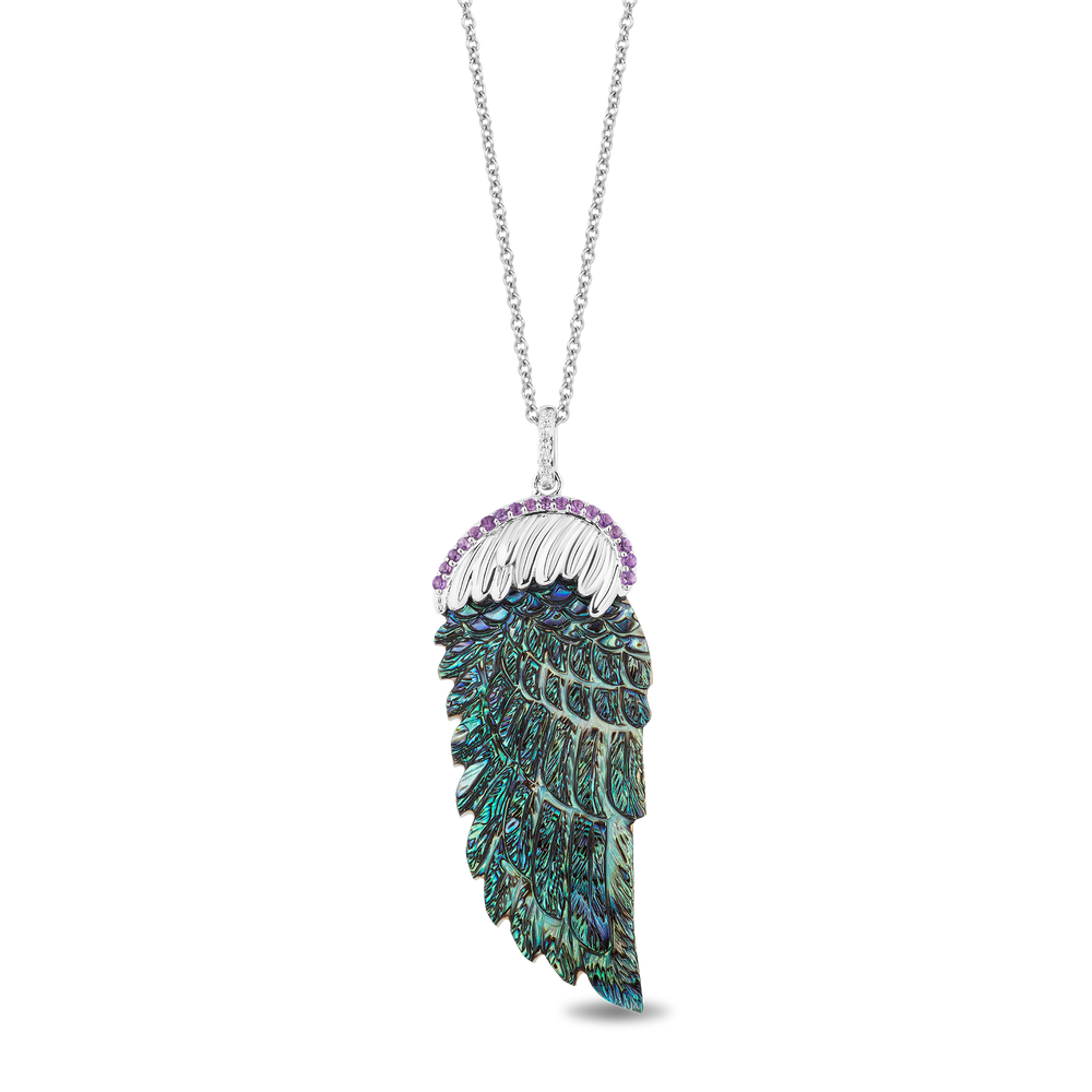 Hallmarkfinejewelry Fine Feathers Pendant in Sky Blue Carved Mother of Pearl and Sterling Silver with Diamonds and Amethyst