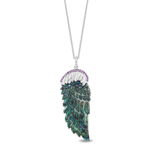 Load image into Gallery viewer, Hallmarkfinejewelry Fine Feathers Pendant in Sky Blue Carved Mother of Pearl and Sterling Silver with Diamonds and Amethyst
