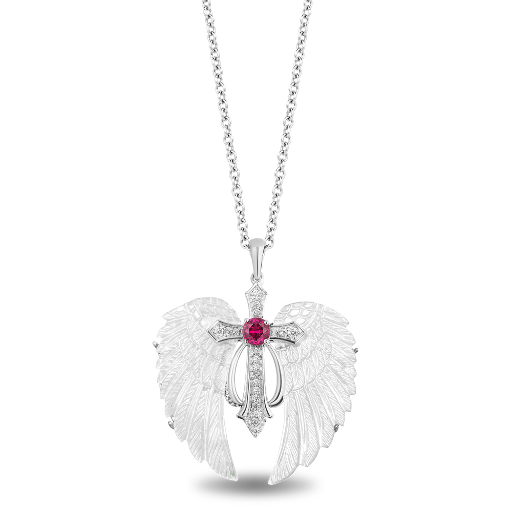 Hallmarkfinejewelry Guiding Spirit Ornate Cross Pendant in Carved Mother of Pearl and Sterling Silver with Diamonds and Created Ruby