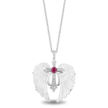 Load image into Gallery viewer, Hallmarkfinejewelry Guiding Spirit Ornate Cross Pendant in Carved Mother of Pearl and Sterling Silver with Diamonds and Created Ruby

