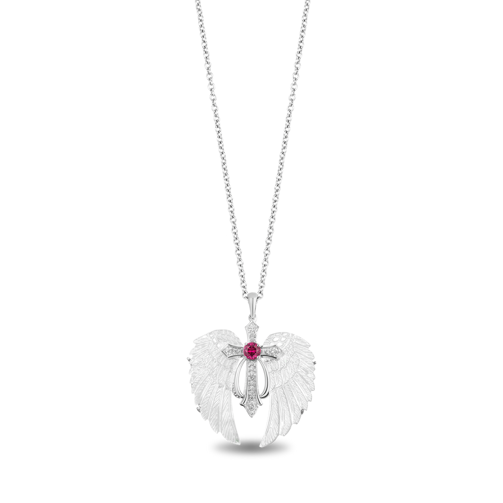 Hallmarkfinejewelry Guiding Spirit Ornate Cross Pendant in Carved Mother of Pearl and Sterling Silver with Diamonds and Created Ruby