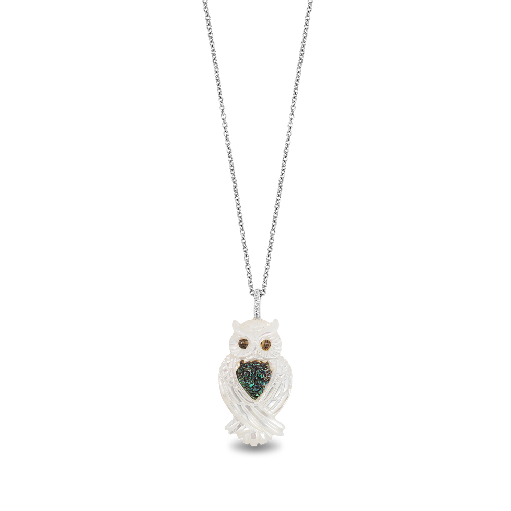 Hallmarkfinejewelry Wise Mother Owl Pendant in Carved Mother of Pearl and Sterling Silver with Diamonds