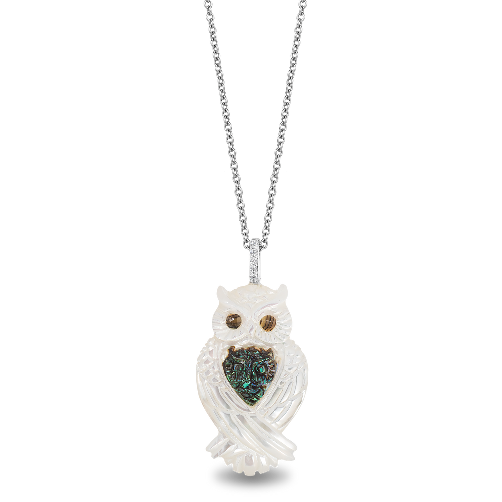Hallmarkfinejewelry Wise Mother Owl Pendant in Carved Mother of Pearl and Sterling Silver with Diamonds