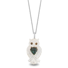 Load image into Gallery viewer, Hallmarkfinejewelry Wise Mother Owl Pendant in Carved Mother of Pearl and Sterling Silver with Diamonds
