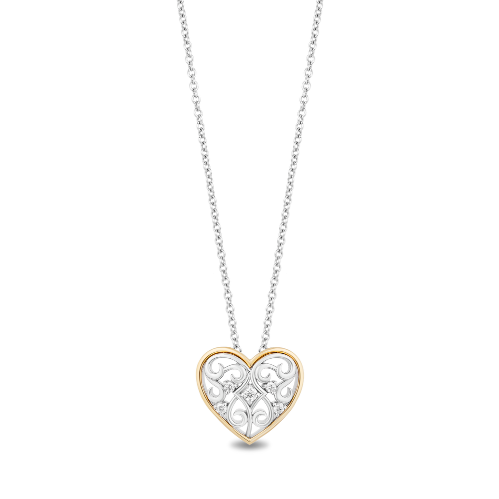 Hallmarkfinejewelry Gilded Ornate Lace Heart Pendant in Sterling Silver and 14K Yellow Gold with Diamonds
