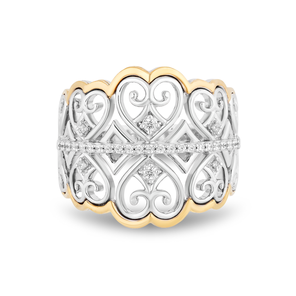 Hallmarkfinejewelry Fanciful Lace Heart Ring in Sterling Silver & 14K Yellow Gold with Diamonds