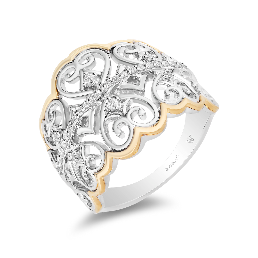 Hallmarkfinejewelry Fanciful Lace Heart Ring in Sterling Silver & 14K Yellow Gold with Diamonds