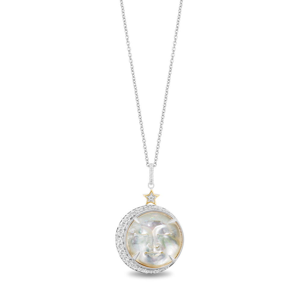 Hallmarkfinejewelry Man In The Moon Pendant in Carved Mother of Pearl, Sterling Silver and 14K Yellow Gold with Diamonds