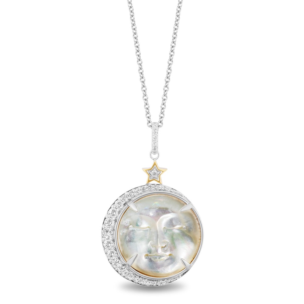 Hallmarkfinejewelry Man In The Moon Pendant in Carved Mother of Pearl, Sterling Silver and 14K Yellow Gold with Diamonds