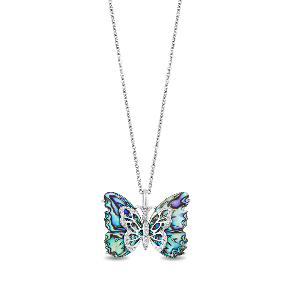 Hallmarkfinejewelry Social Butterfly Pendant in Sterling Silver and Aurora Borealis Blue Carved Mother of Pearl with Diamonds
