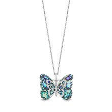 Load image into Gallery viewer, Hallmarkfinejewelry Social Butterfly Pendant in Sterling Silver and Aurora Borealis Blue Carved Mother of Pearl with Diamonds
