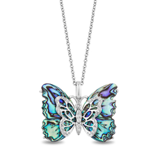 Load image into Gallery viewer, Hallmarkfinejewelry Social Butterfly Pendant in Sterling Silver and Aurora Borealis Blue Carved Mother of Pearl with Diamonds
