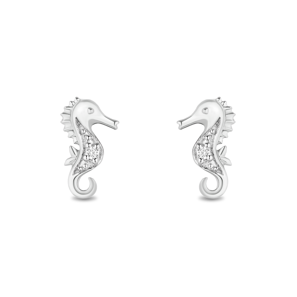Hallmarkfinejewelry Mystical Seahorse Studs in Sterling Silver With Accent Diamonds
