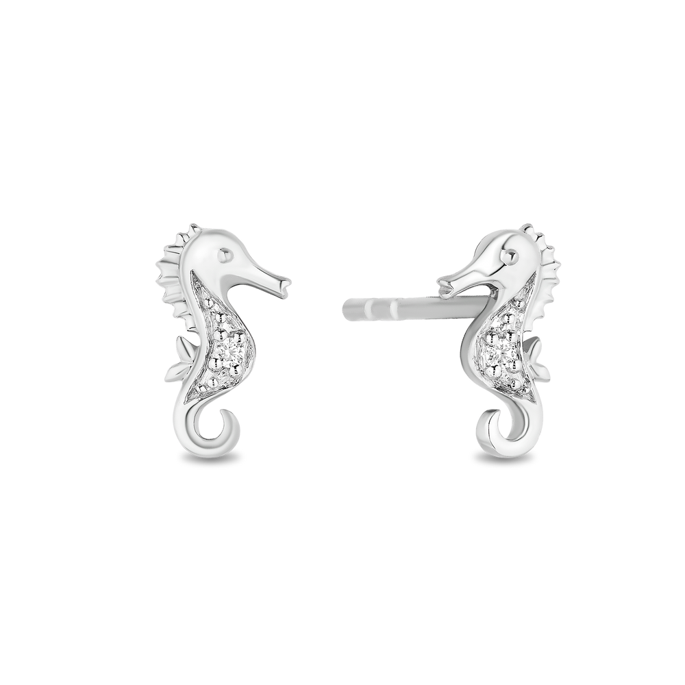 Hallmarkfinejewelry Mystical Seahorse Studs in Sterling Silver With Accent Diamonds