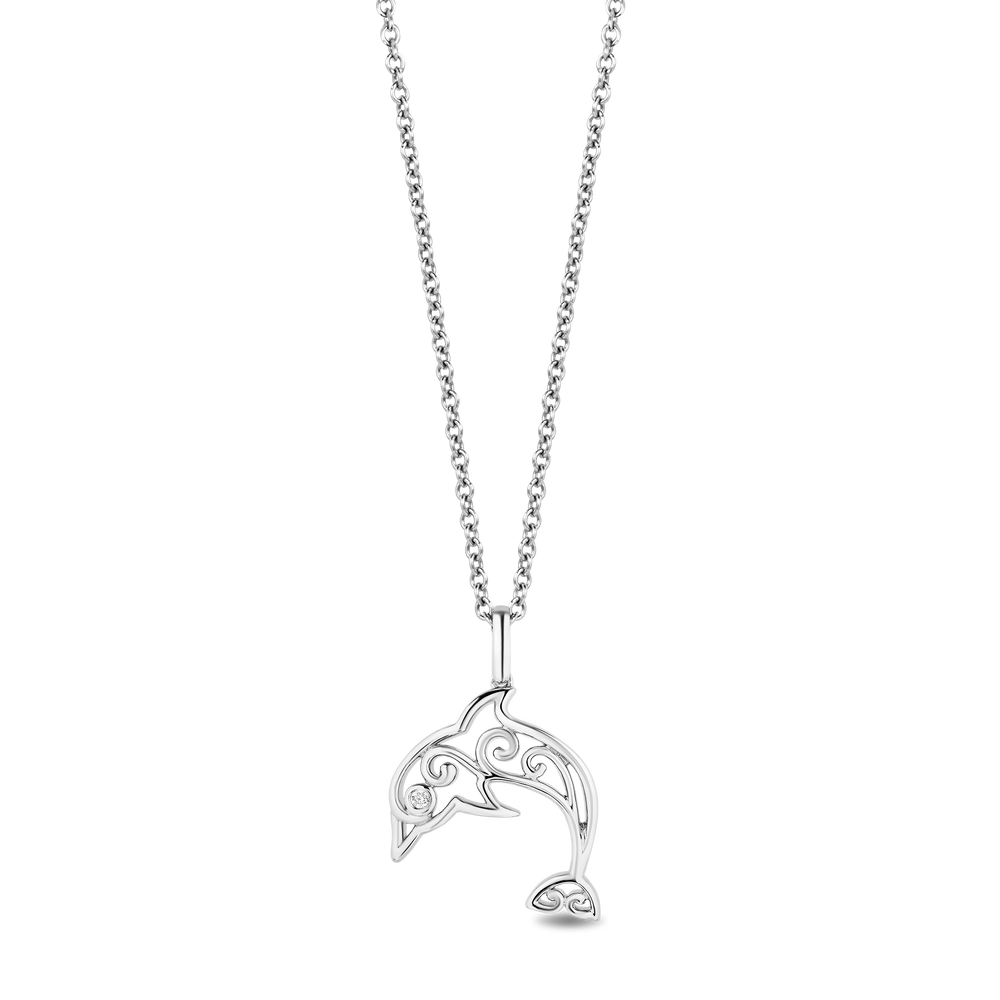 Hallmarkfinejewelry Sea-Swirled Dolphin Pendant in Sterling Silver With Accent Diamonds