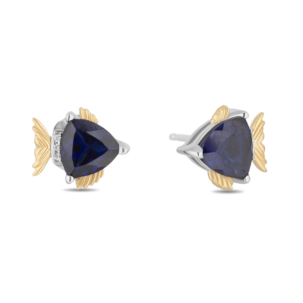 Hallmarkfinejewelry Sterling Silver and 14K Yellow Gold Blue Tang Fish Earrings in Created Blue Sapphire