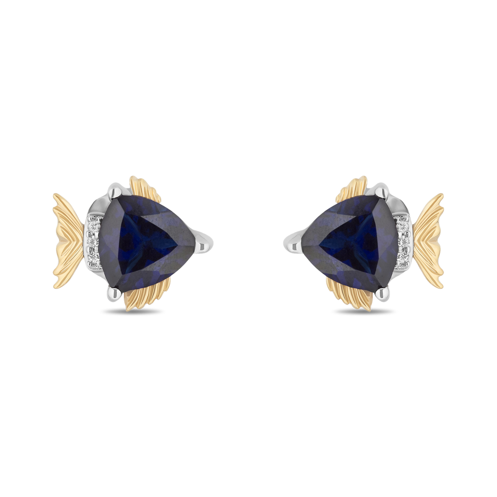 Hallmarkfinejewelry Sterling Silver and 14K Yellow Gold Blue Tang Fish Earrings in Created Blue Sapphire