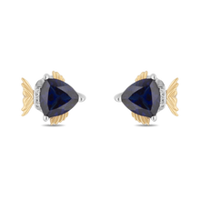 Load image into Gallery viewer, Hallmarkfinejewelry Sterling Silver and 14K Yellow Gold Blue Tang Fish Earrings in Created Blue Sapphire
