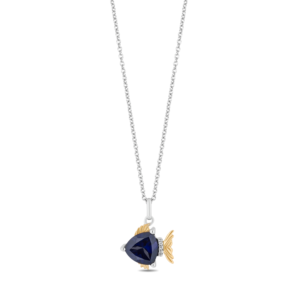 Hallmarkfinejewelry Sterling Silver and 14K Yellow Gold Blue Tang Fish Pendant in Created Blue Sapphire