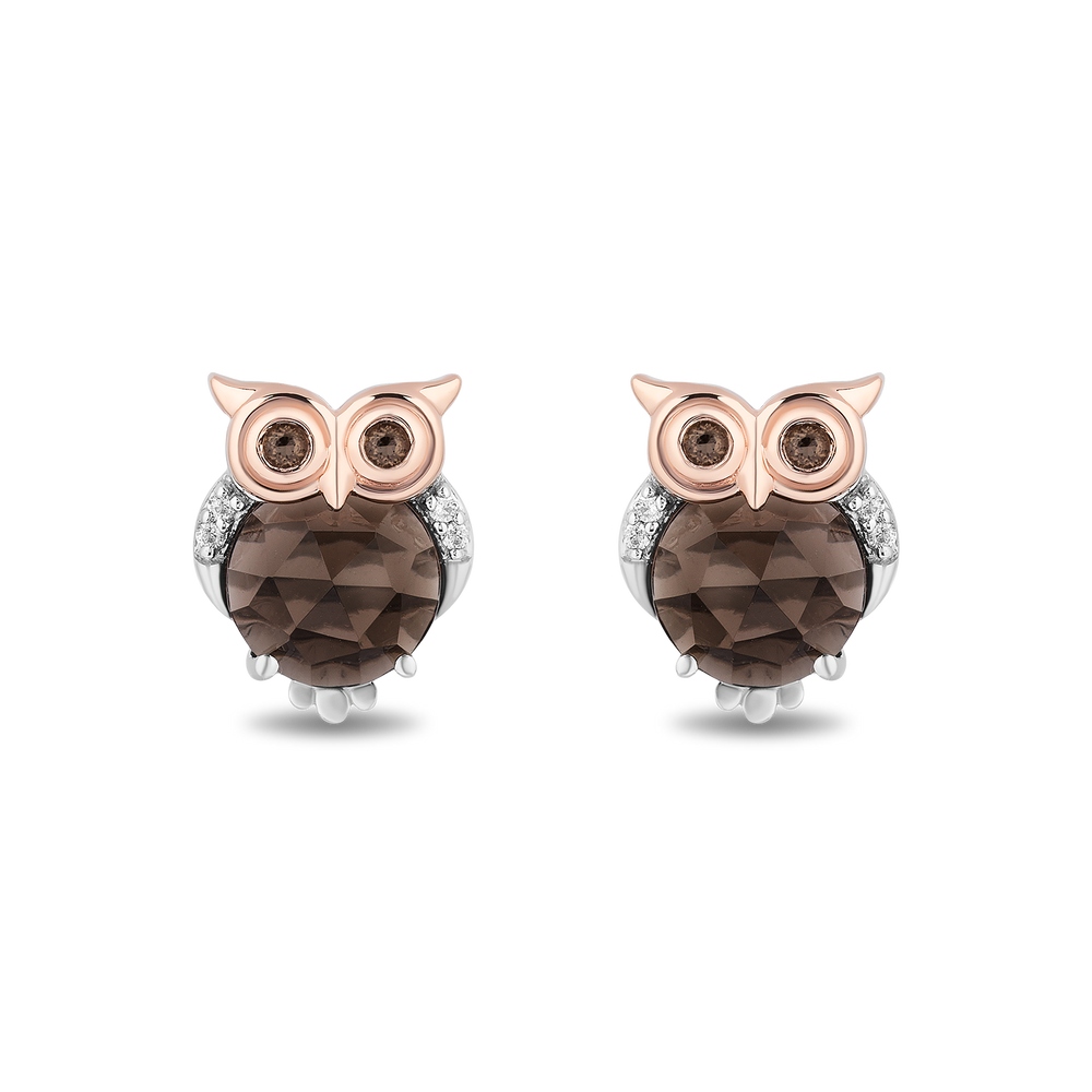 Hallmarkfinejewelry Sterling Silver and 14K Rose Gold Smokey Quartz Owl Earrings