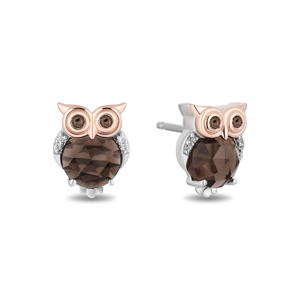 Hallmarkfinejewelry Sterling Silver and 14K Rose Gold Smokey Quartz Owl Earrings