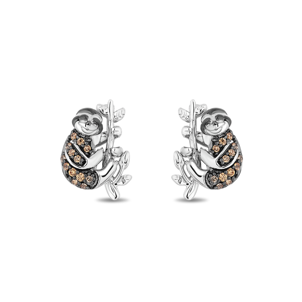 Hallmarkfinejewelry Sloth Earrings in Sterling Silver with Champagne Diamonds