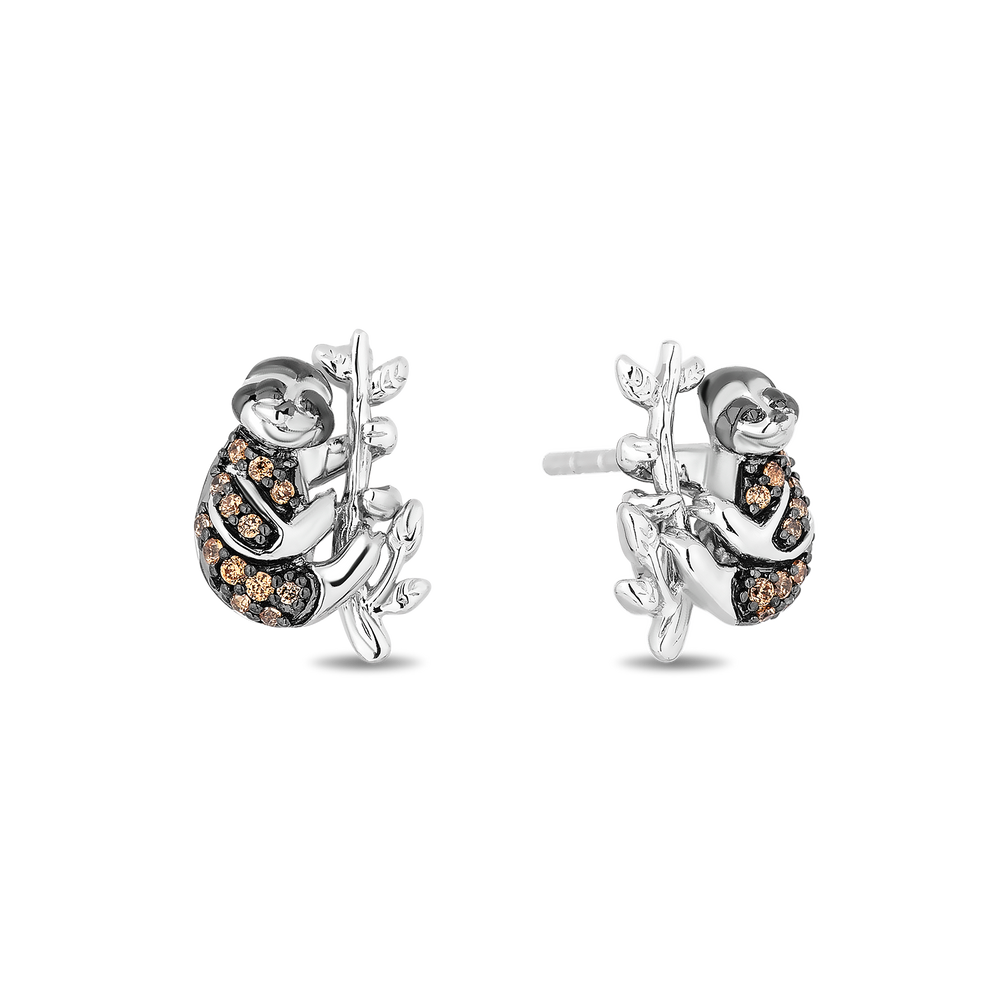Hallmarkfinejewelry Sloth Earrings in Sterling Silver with Champagne Diamonds